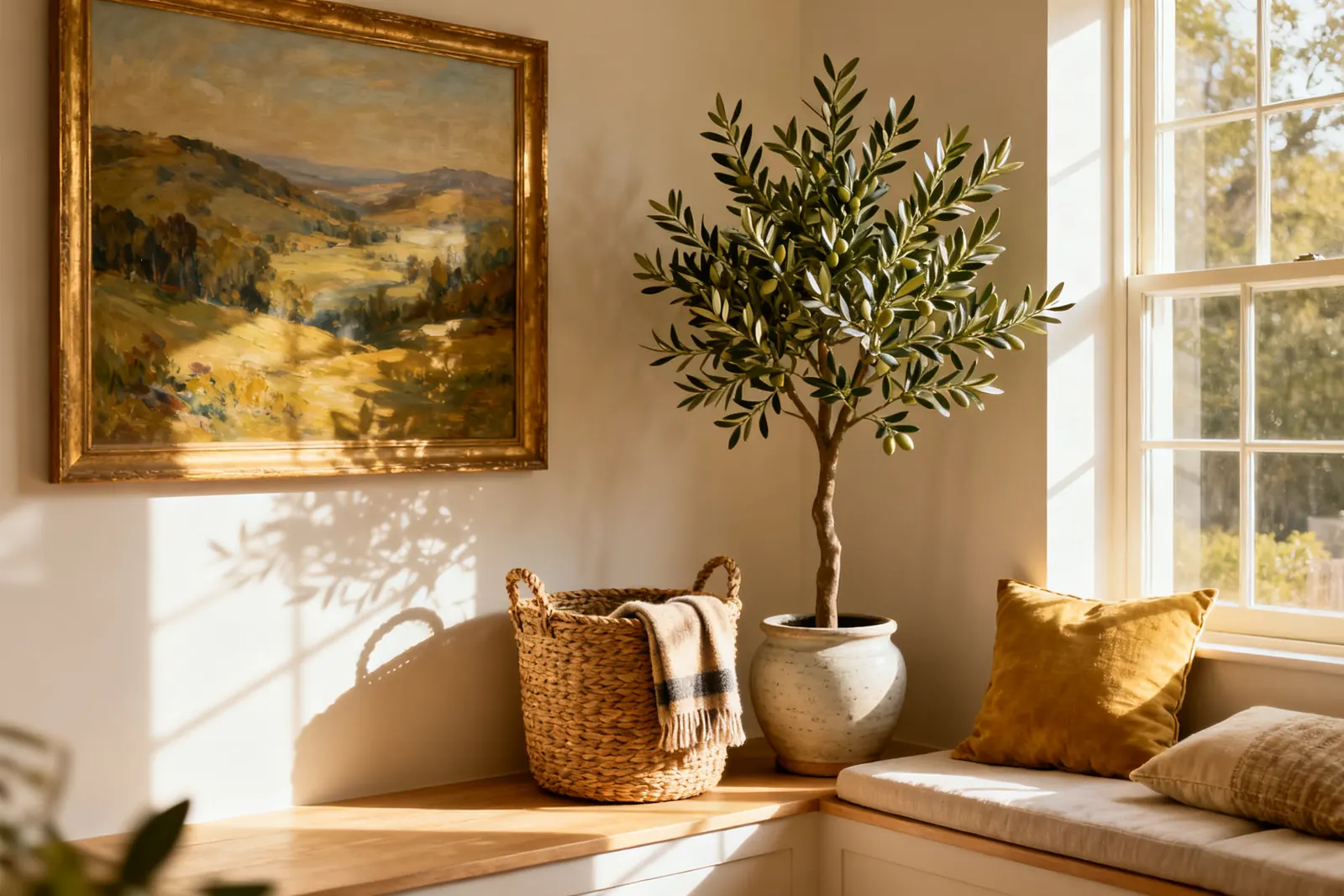 A sunlit reading nook with a framed landscape painting, a woven basket and a faux olive tree