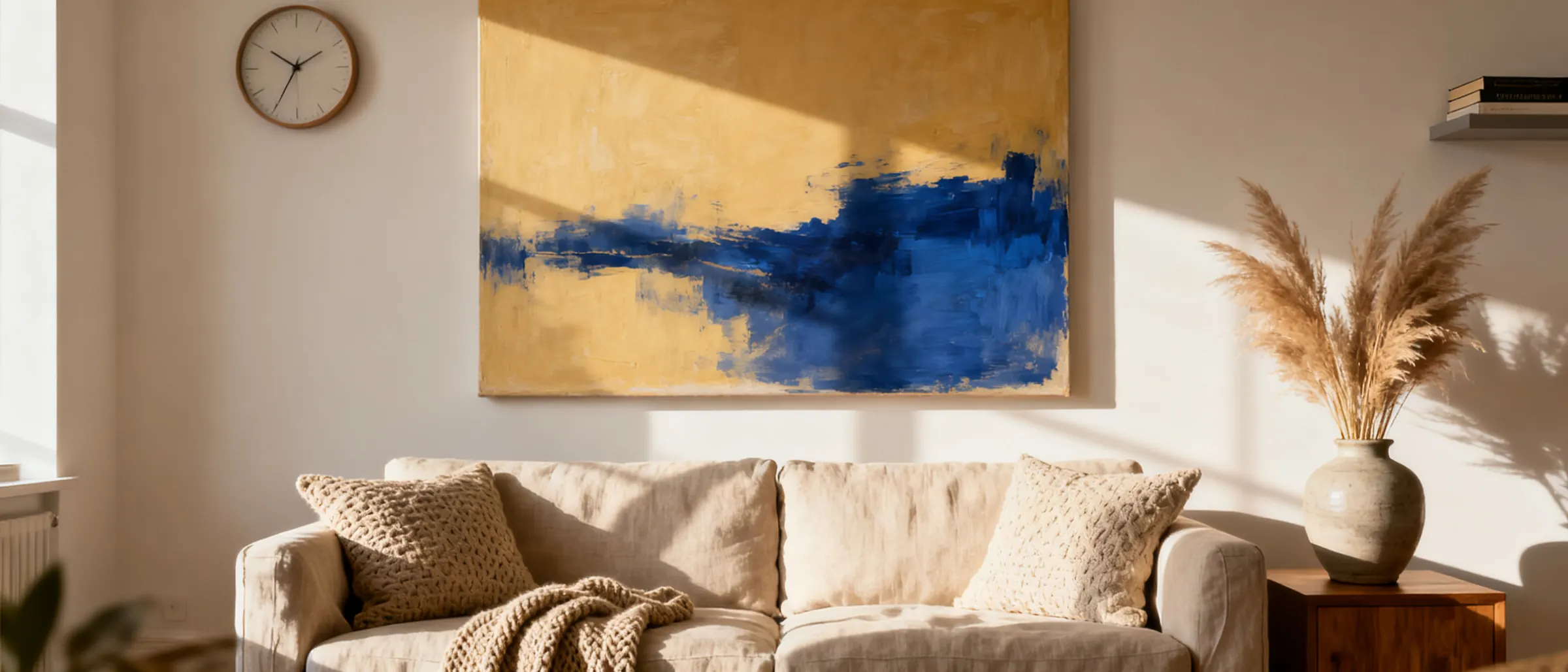 A calm living room with a large abstract canvas above a linen sofa, cushions, a throw and a vase of pampas