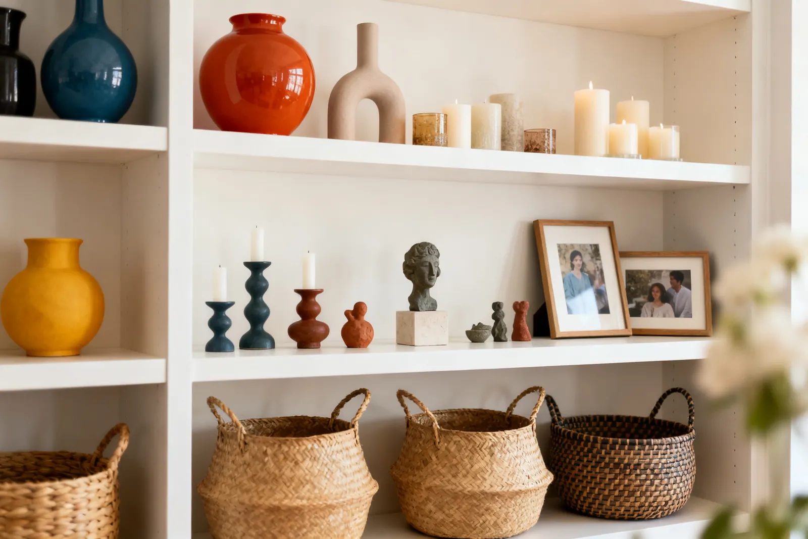 Open shelves styled with vases, candle holders, sculptures, frames and baskets